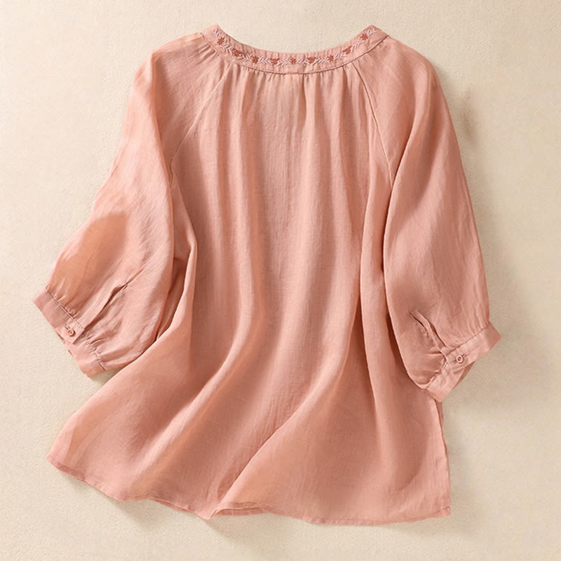 Koszula Buddha Stones z bawełny i lnu z haftem i rękawami trzy czwarte