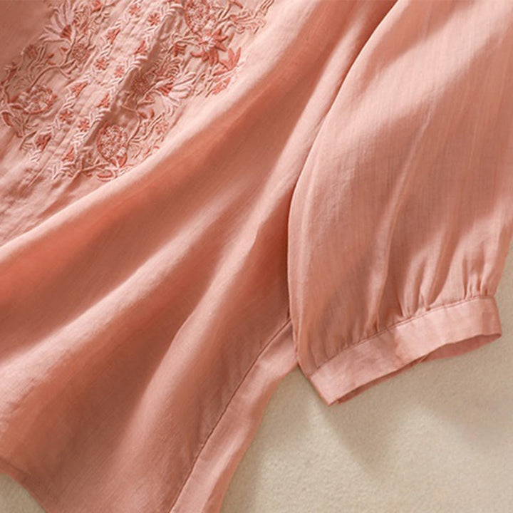 Koszula Buddha Stones z bawełny i lnu z haftem i rękawami trzy czwarte