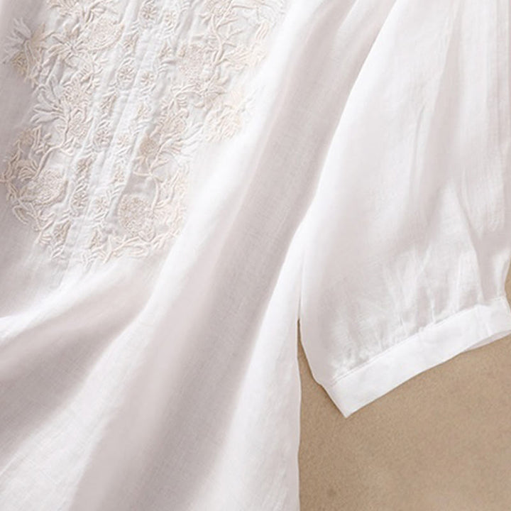 Koszula Buddha Stones z bawełny i lnu z haftem i rękawami trzy czwarte