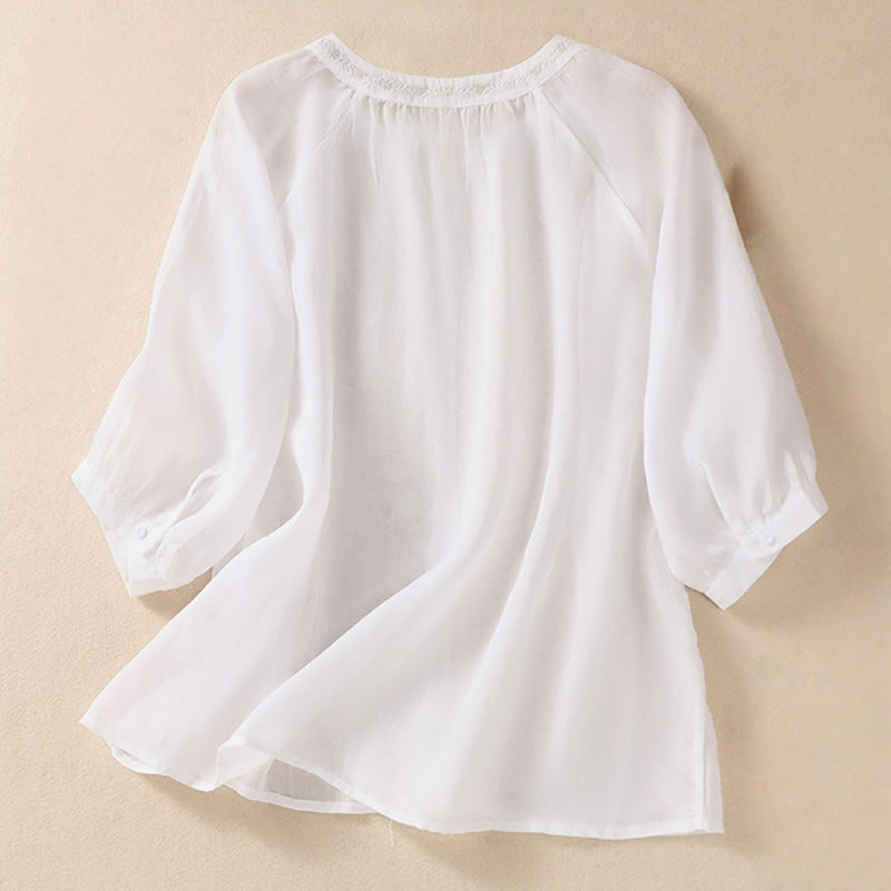 Koszula Buddha Stones z bawełny i lnu z haftem i rękawami trzy czwarte