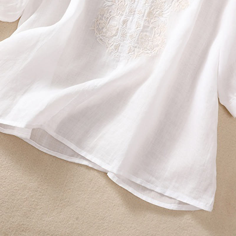 Koszula Buddha Stones z bawełny i lnu z haftem i rękawami trzy czwarte