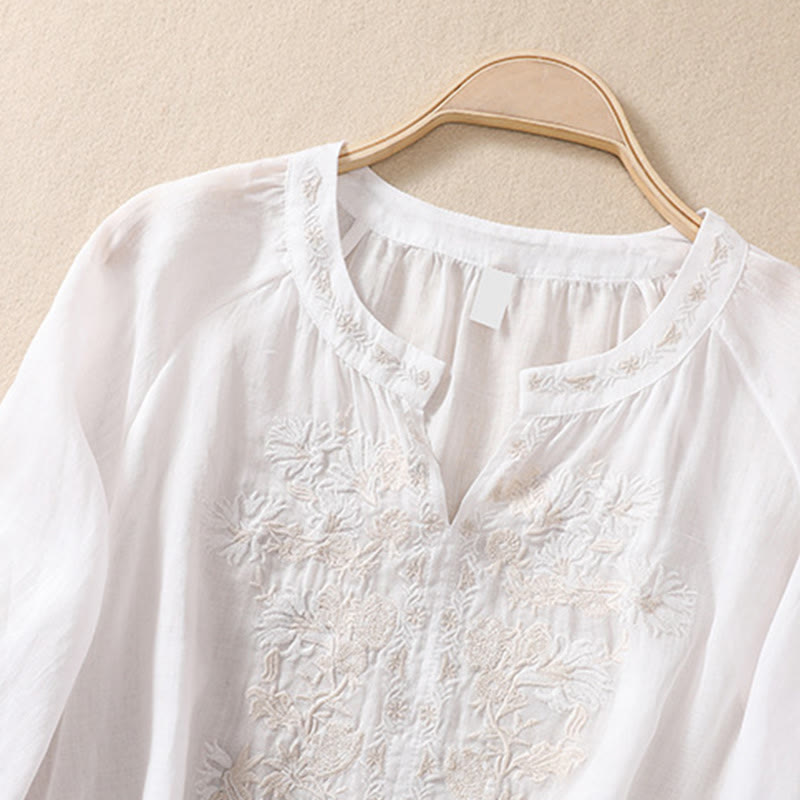 Koszula Buddha Stones z bawełny i lnu z haftem i rękawami trzy czwarte