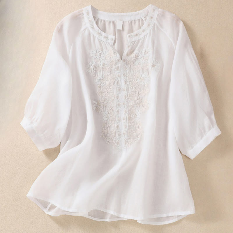 Koszula Buddha Stones z bawełny i lnu z haftem i rękawami trzy czwarte  - Śnieg - US8-10，UK/AU12-14，EU40-42 (2XL) - image 7