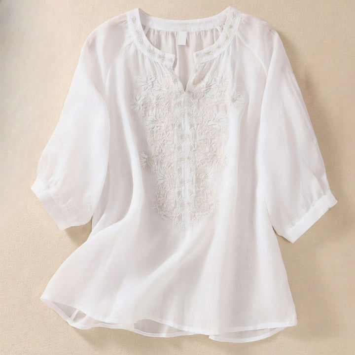 Koszula Buddha Stones z bawełny i lnu z haftem i rękawami trzy czwarte  - Śnieg - US8-10，UK/AU12-14，EU40-42 (2XL) - image 7