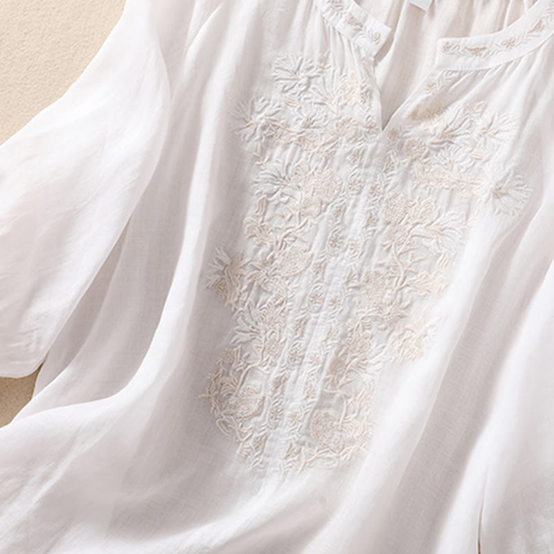 Koszula Buddha Stones z bawełny i lnu z haftem i rękawami trzy czwarte