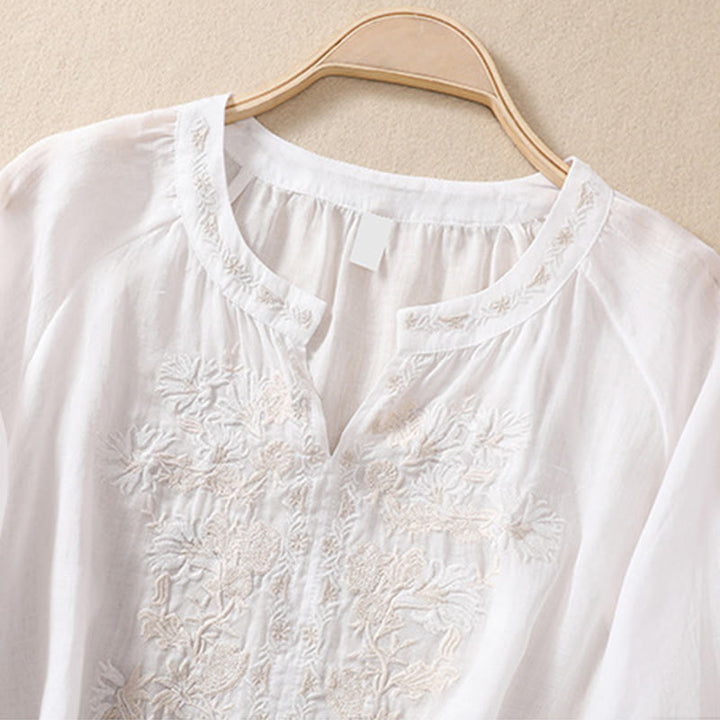 Koszula Buddha Stones z bawełny i lnu z haftem i rękawami trzy czwarte