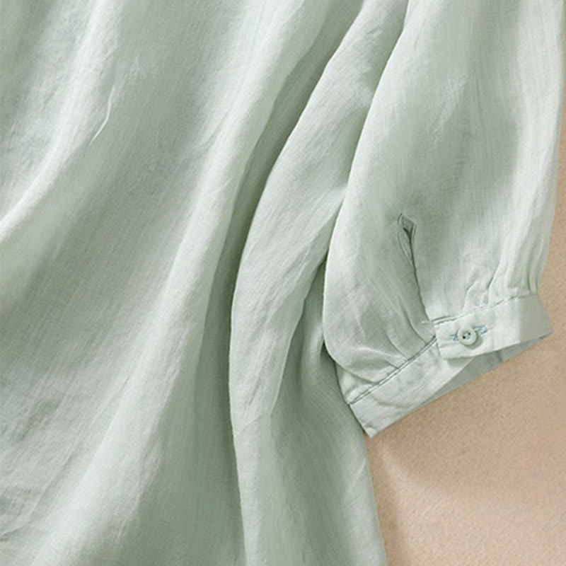 Koszula Buddha Stones z bawełny i lnu z haftem i rękawami trzy czwarte