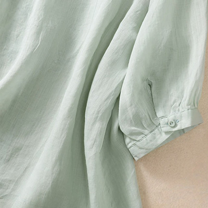 Koszula Buddha Stones z bawełny i lnu z haftem i rękawami trzy czwarte