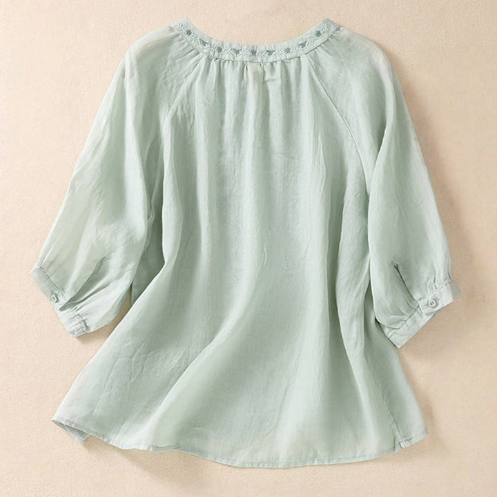 Koszula Buddha Stones z bawełny i lnu z haftem i rękawami trzy czwarte