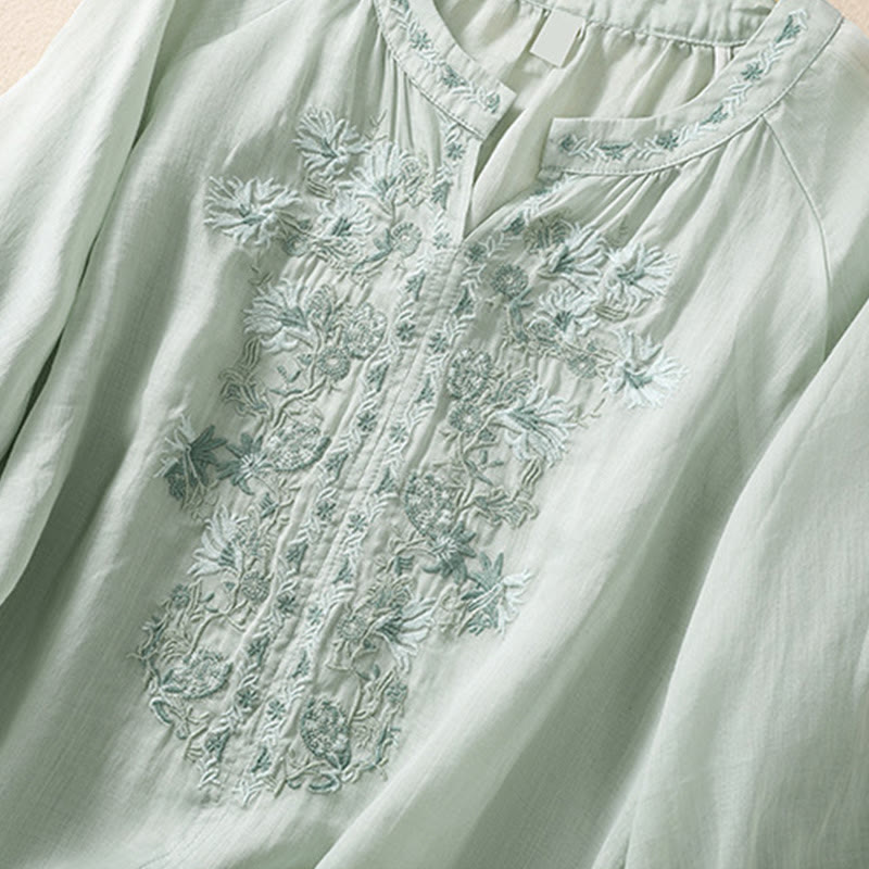 Koszula Buddha Stones z bawełny i lnu z haftem i rękawami trzy czwarte