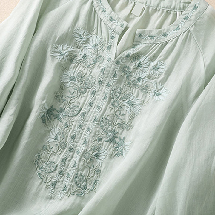 Koszula Buddha Stones z bawełny i lnu z haftem i rękawami trzy czwarte