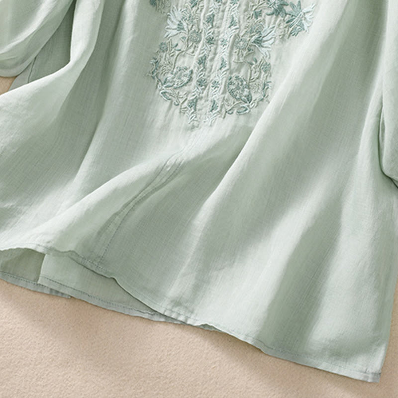 Koszula Buddha Stones z bawełny i lnu z haftem i rękawami trzy czwarte