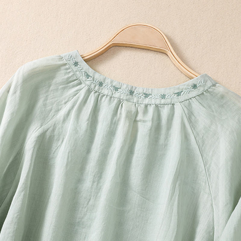 Koszula Buddha Stones z bawełny i lnu z haftem i rękawami trzy czwarte