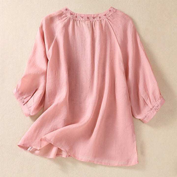 Koszula Buddha Stones z bawełny i lnu z haftem i rękawami trzy czwarte