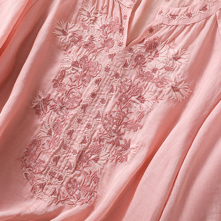 Koszula Buddha Stones z bawełny i lnu z haftem i rękawami trzy czwarte