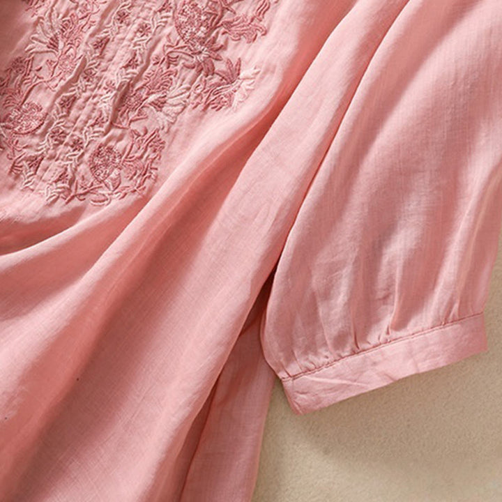 Koszula Buddha Stones z bawełny i lnu z haftem i rękawami trzy czwarte