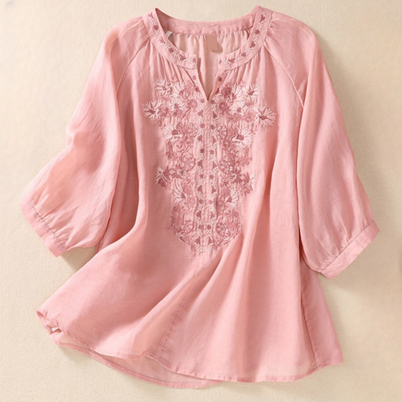 Koszula Buddha Stones z bawełny i lnu z haftem i rękawami trzy czwarte