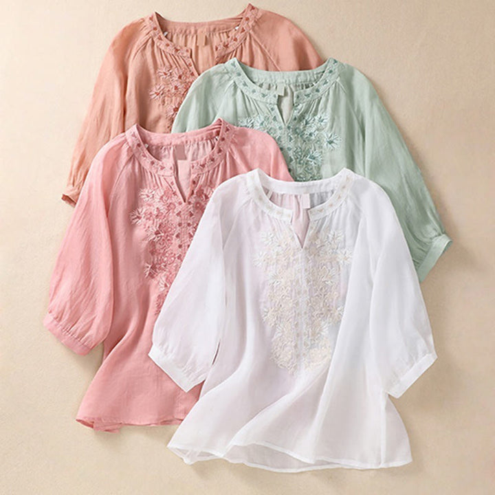 Koszula Buddha Stones z bawełny i lnu z haftem i rękawami trzy czwarte  - image 32