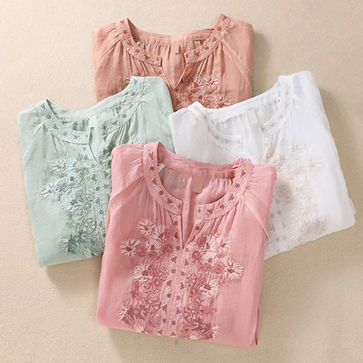 Koszula Buddha Stones z bawełny i lnu z haftem i rękawami trzy czwarte