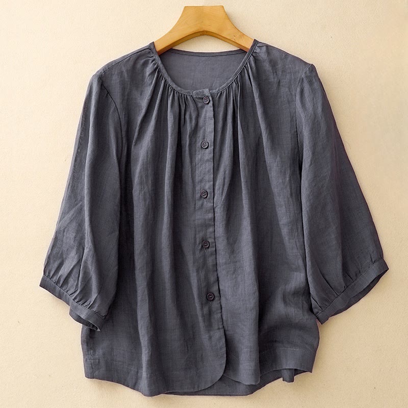 Koszula damska Buddha Stones Plain Button Crew Neck Design z mieszanki bawełny i rękawami trzy czwarte - Marynarka wojenna - US14, UK/AU18, EU46 (2XL) - image 0