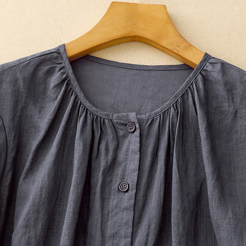 Koszula damska Buddha Stones Plain Button Crew Neck Design z mieszanki bawełny i rękawami trzy czwarte - image 1