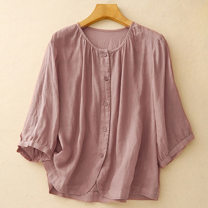 Koszula damska Buddha Stones Plain Button Crew Neck Design z mieszanki bawełny i rękawami trzy czwarte - Bladofioletowoczerwony - US14, UK/AU18, EU46 (2XL) - image 5