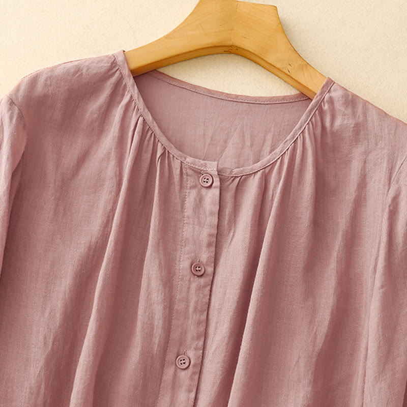 Koszula damska Buddha Stones Plain Button Crew Neck Design z mieszanki bawełny i rękawami trzy czwarte - image 6