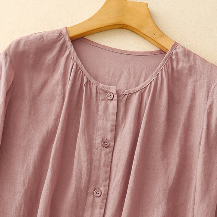 Koszula damska Buddha Stones Plain Button Crew Neck Design z mieszanki bawełny i rękawami trzy czwarte - image 6