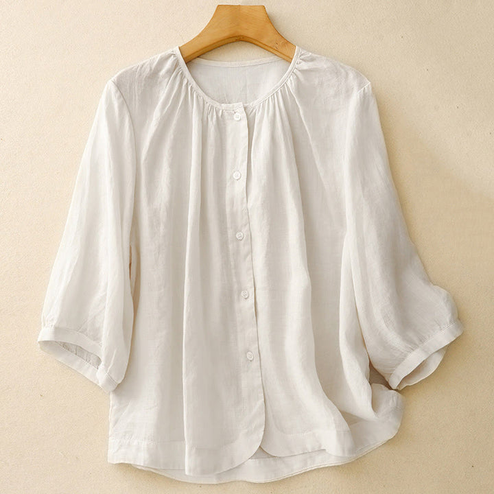 Koszula damska Buddha Stones Plain Button Crew Neck Design z mieszanki bawełny i rękawami trzy czwarte - Śnieg - US14, UK/AU18, EU46 (2XL) - image 11