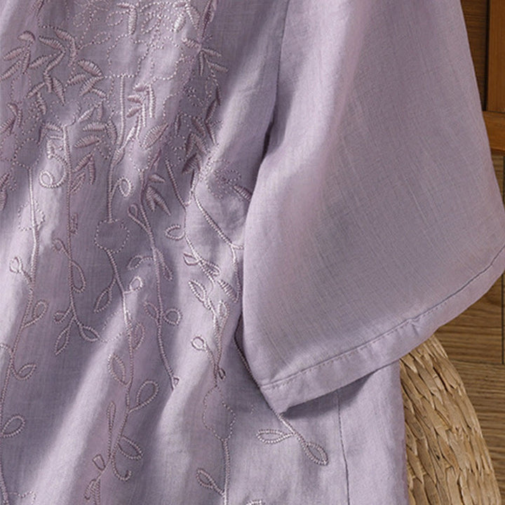 Koszula damska z krótkim rękawem z bawełny z haftowanymi Buddha Stones i stójką  - image 5