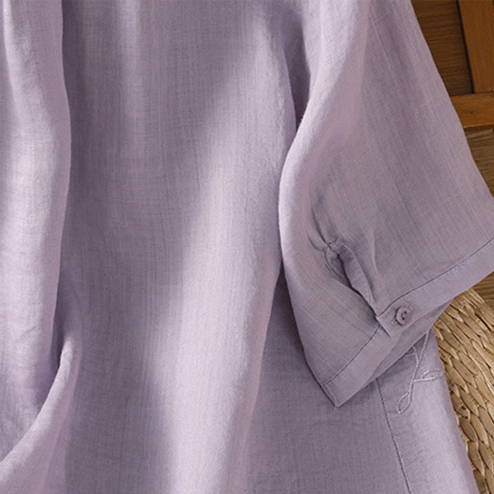 Koszula damska z krótkim rękawem z bawełny z haftowanymi Buddha Stones i stójką  - image 4