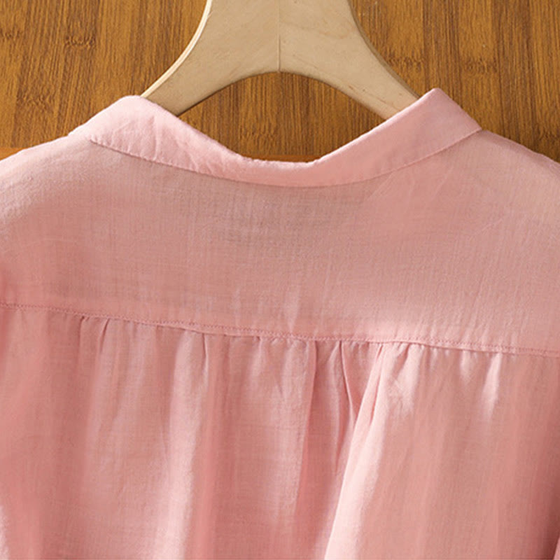 Koszula damska z krótkim rękawem z bawełny z haftowanymi Buddha Stones i stójką  - image 10