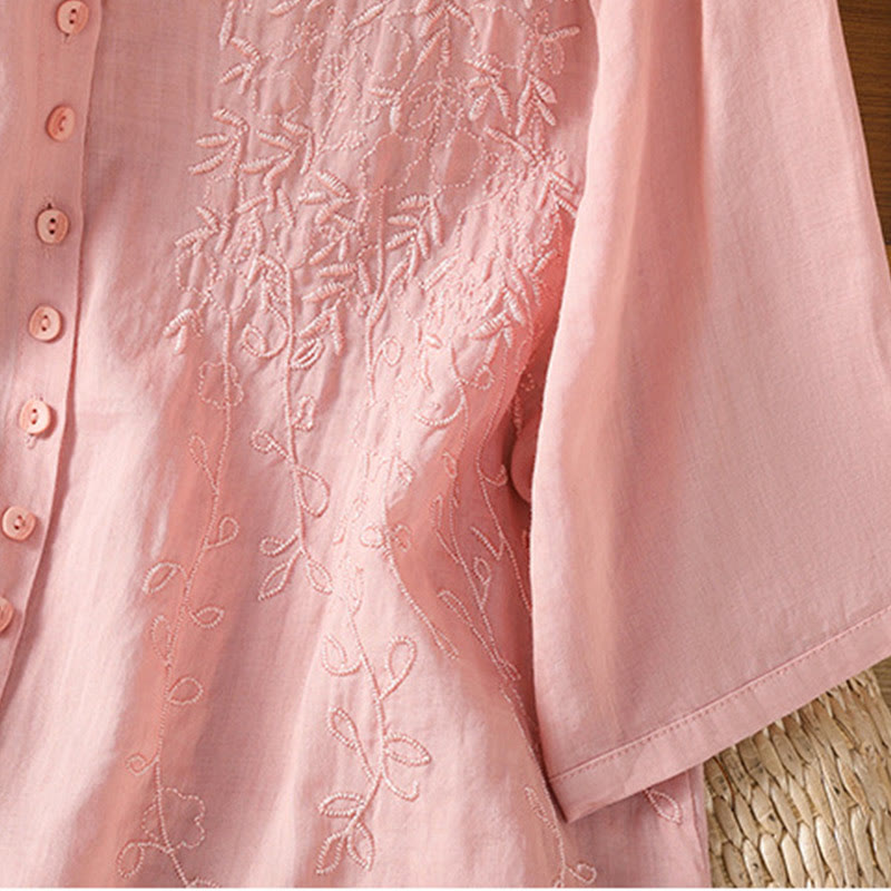 Koszula damska z krótkim rękawem z bawełny z haftowanymi Buddha Stones i stójką  - image 16