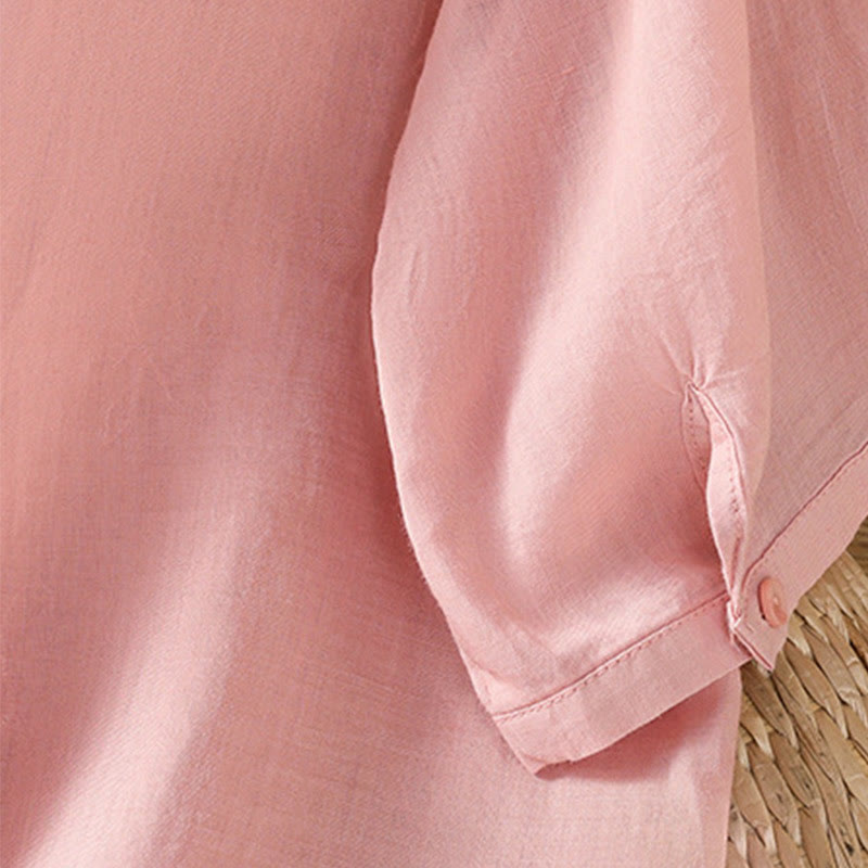 Koszula damska z krótkim rękawem z bawełny z haftowanymi Buddha Stones i stójką