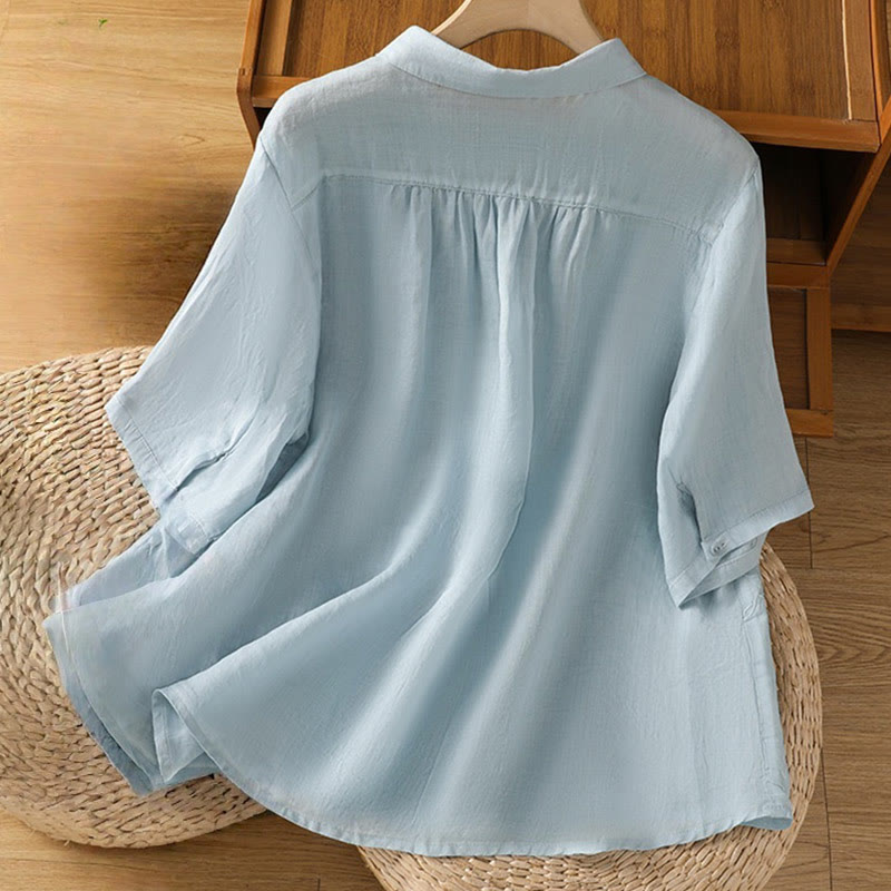 Koszula damska z krótkim rękawem z bawełny z haftowanymi Buddha Stones i stójką  - image 24