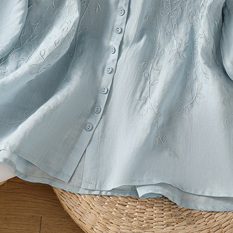 Koszula damska z krótkim rękawem z bawełny z haftowanymi Buddha Stones i stójką