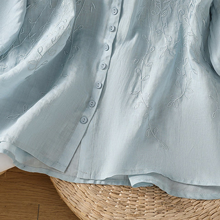 Koszula damska z krótkim rękawem z bawełny z haftowanymi Buddha Stones i stójką