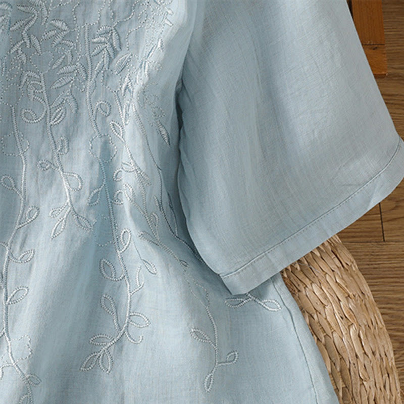 Koszula damska z krótkim rękawem z bawełny z haftowanymi Buddha Stones i stójką