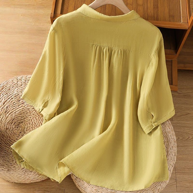 Koszula damska z krótkim rękawem z bawełny z haftowanymi Buddha Stones i stójką