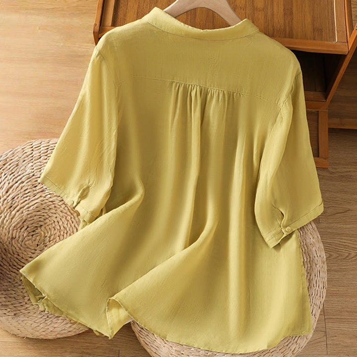 Koszula damska z krótkim rękawem z bawełny z haftowanymi Buddha Stones i stójką