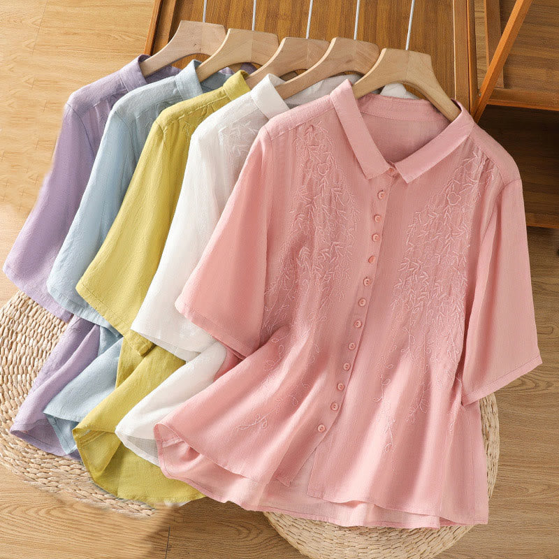 Koszula damska z krótkim rękawem z bawełny z haftowanymi Buddha Stones i stójką  - image 40