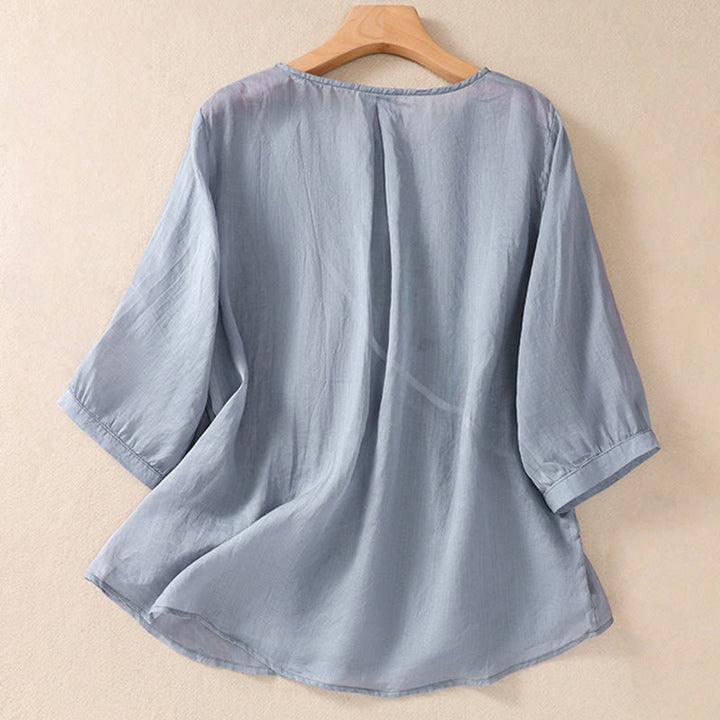 Koszula damska z bawełny i lnu z krótkim rękawem i haftowanym kwiatem Buddha Stones