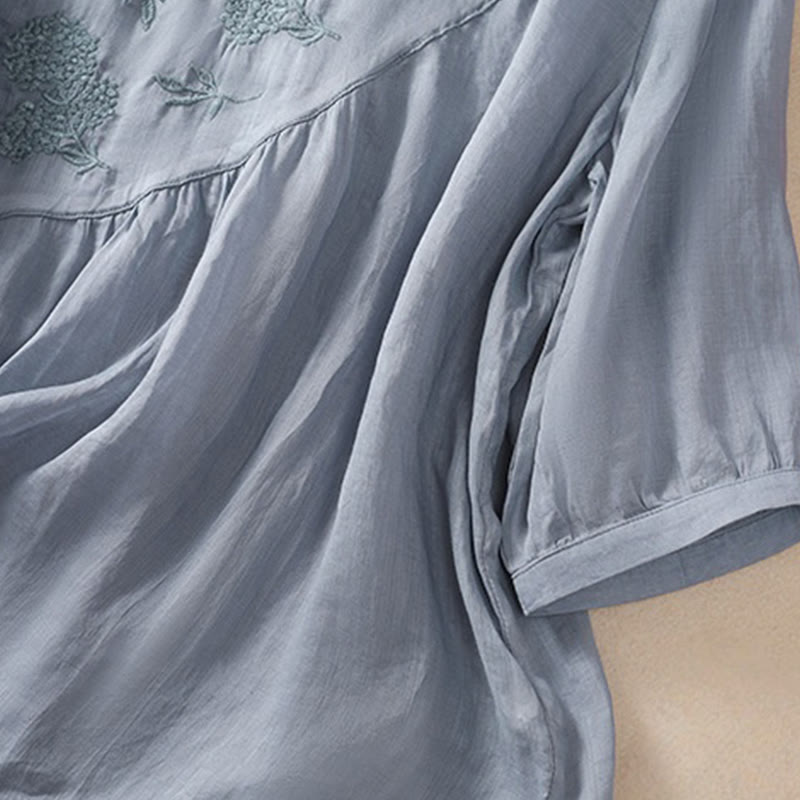 Koszula damska z bawełny i lnu z krótkim rękawem i haftowanym kwiatem Buddha Stones