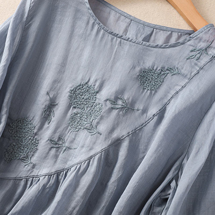 Koszula damska z bawełny i lnu z krótkim rękawem i haftowanym kwiatem Buddha Stones  - image 6