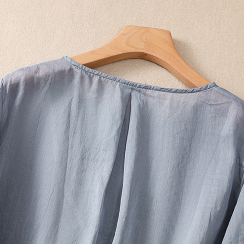 Koszula damska z bawełny i lnu z krótkim rękawem i haftowanym kwiatem Buddha Stones  - image 3