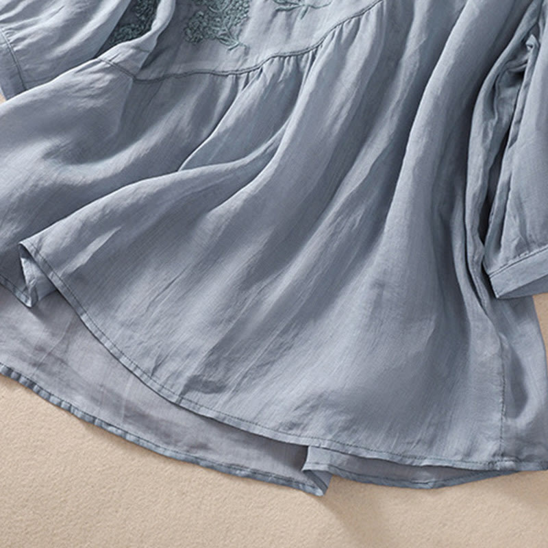 Koszula damska z bawełny i lnu z krótkim rękawem i haftowanym kwiatem Buddha Stones