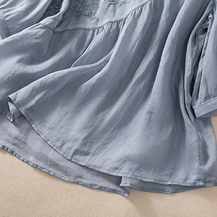 Koszula damska z bawełny i lnu z krótkim rękawem i haftowanym kwiatem Buddha Stones