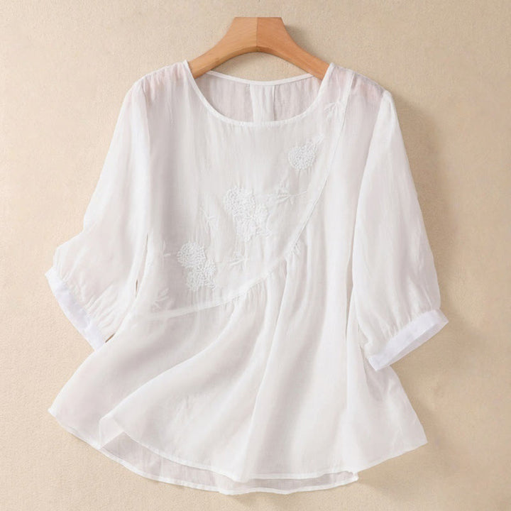 Koszula damska z bawełny i lnu z krótkim rękawem i haftowanym kwiatem Buddha Stones