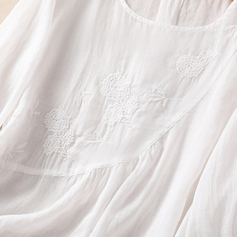 Koszula damska z bawełny i lnu z krótkim rękawem i haftowanym kwiatem Buddha Stones