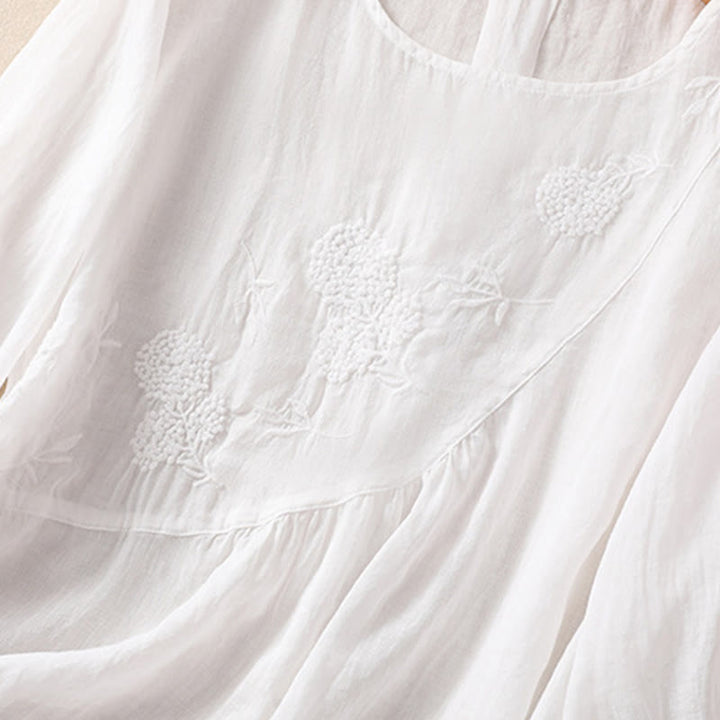 Koszula damska z bawełny i lnu z krótkim rękawem i haftowanym kwiatem Buddha Stones